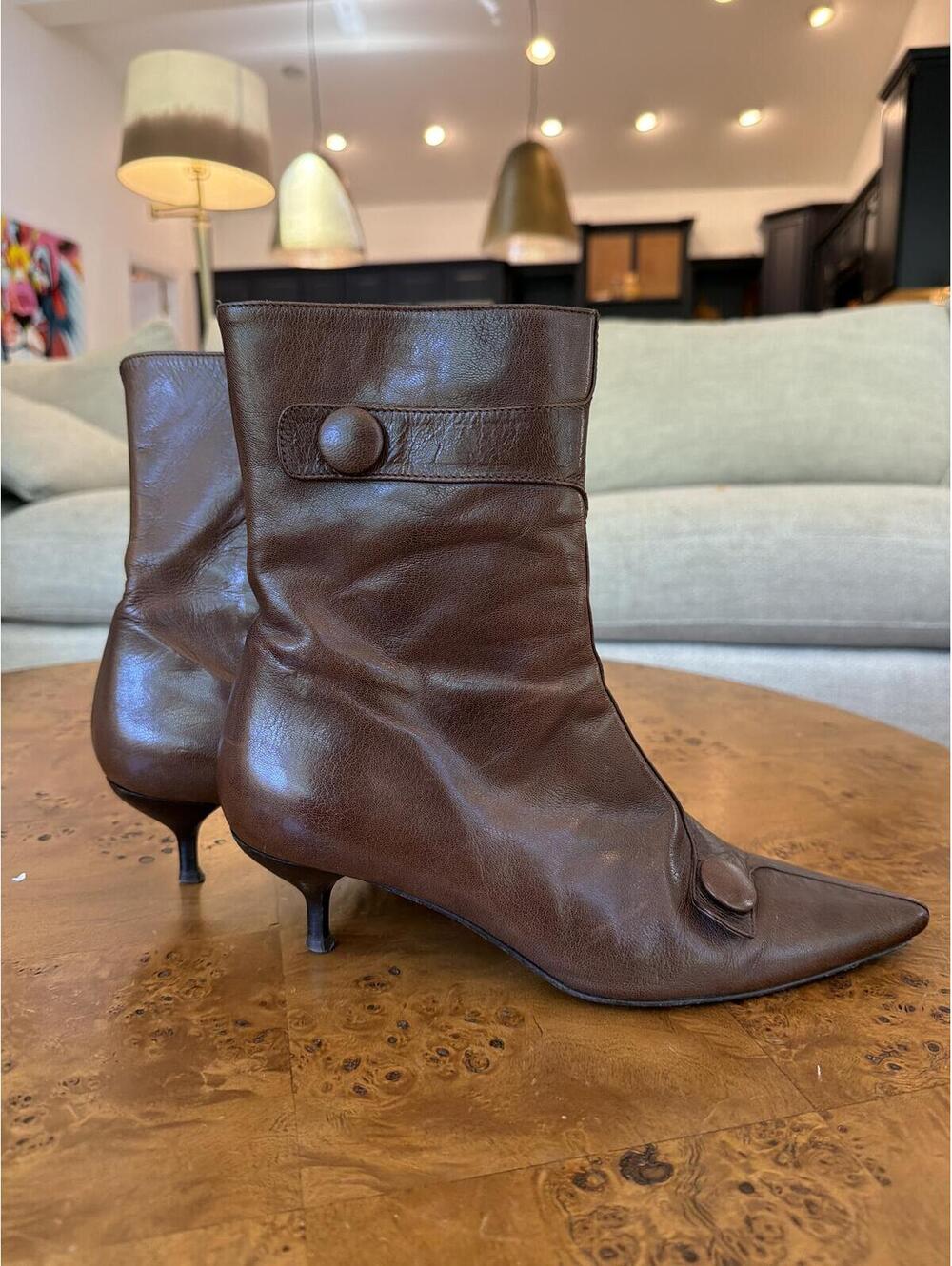 Lea Foscati Brown Leather Pointed Toe Kitten Heel Ankle Boots Size 39